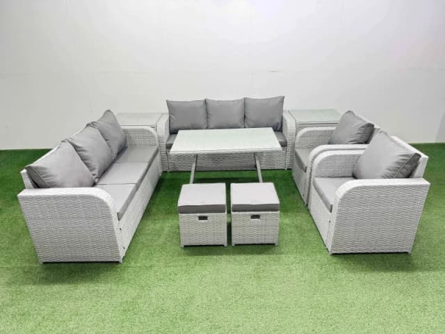 Fimous Rattan High Back Lounge Sofa Set Patio Dining Table & Chairs Set With 2 Side Tables 2 Small Stool Light Grey