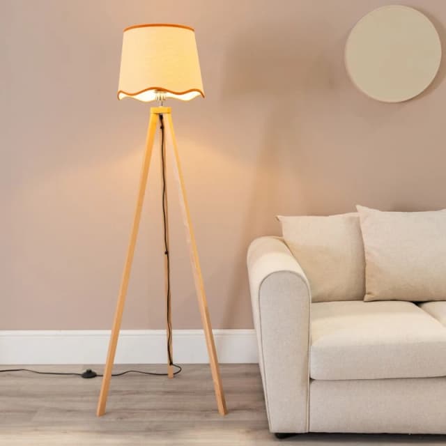 ValueLights Barbro Light Wood Tripod Floor Lamp with Natural Linen Scallop Edge Shade Burnt Orange