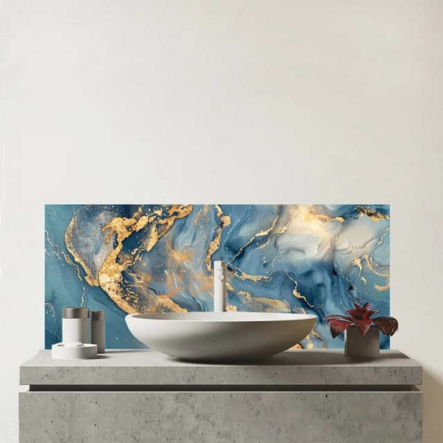 Warren Reed - Designer Azure & Gold Marble Effect Glass Bathroom Splashback in Blue Blue Unisex