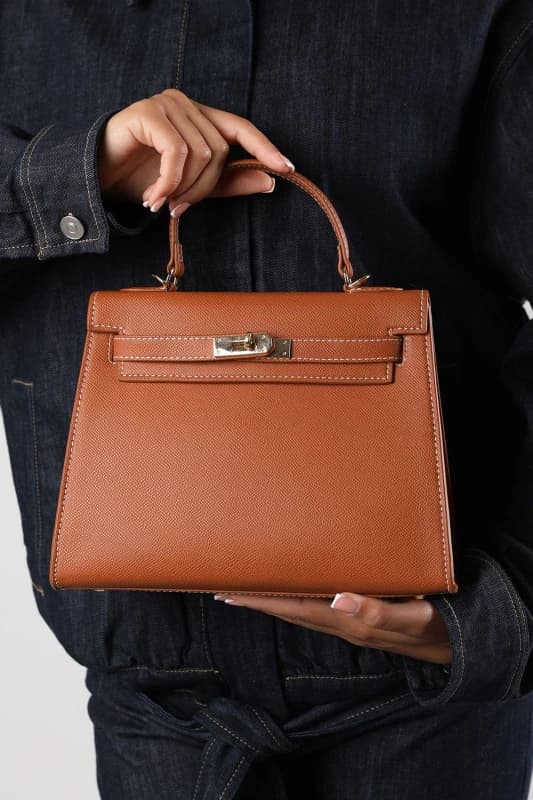 Where's That From Womens 'Lluvia' Top Handle Satchel Mini Tote Bag with Turn-Lock Closure in Tan Tan Female