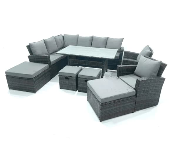 Fimous Outdoor Furniture Garden Dining Set Rattan Corner Sofa Set with 4 Footstools 2 Armchairs in Dark Grey Dark Grey Unisex