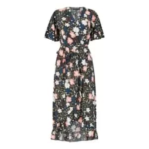 Mela Black Floral Wrap Front Midi Dress - Black