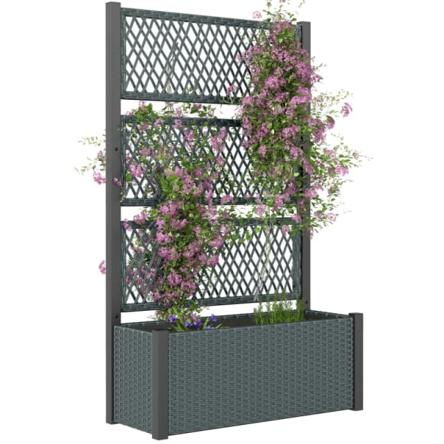 Outsunny Garden Planter Box with Trellis, Rattan Raised Bed, Charcoal Grey 867-283V00CG