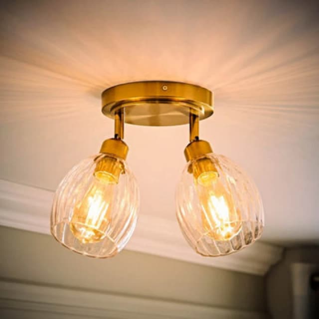 ValueLights ValueLights Cheltenham 2 Way Ribbed Glass Spotlight Flush Ceiling Light and Bulbs in Gold Gold One Size Unisex 5059406071133