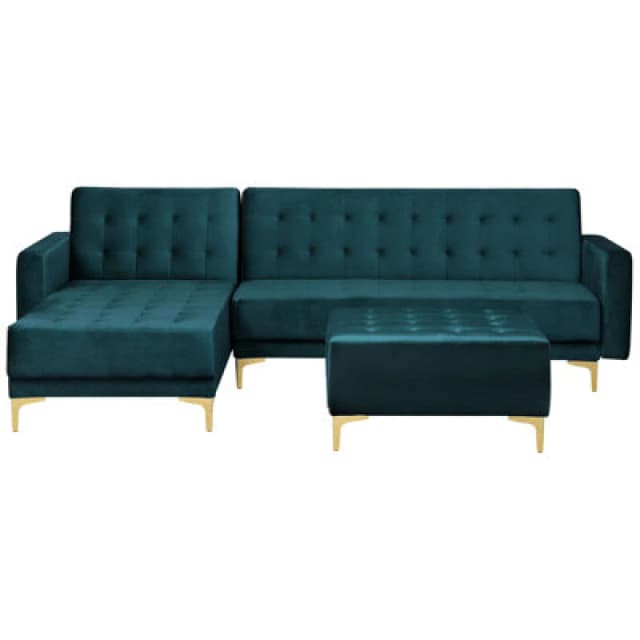 Beliani Modular Corner Sofa Bed 4 Seater Aberdeen Velvet Teal With Ottoman Right Hand