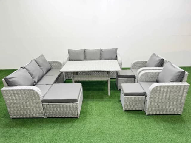 Fimous PE Rattan High Back Lounge Sofa Set Patio Rectangular Dining Table & Chairs Set with 3 Seater Sofa Reclining Chair 3 Stools Light Grey Light Gr