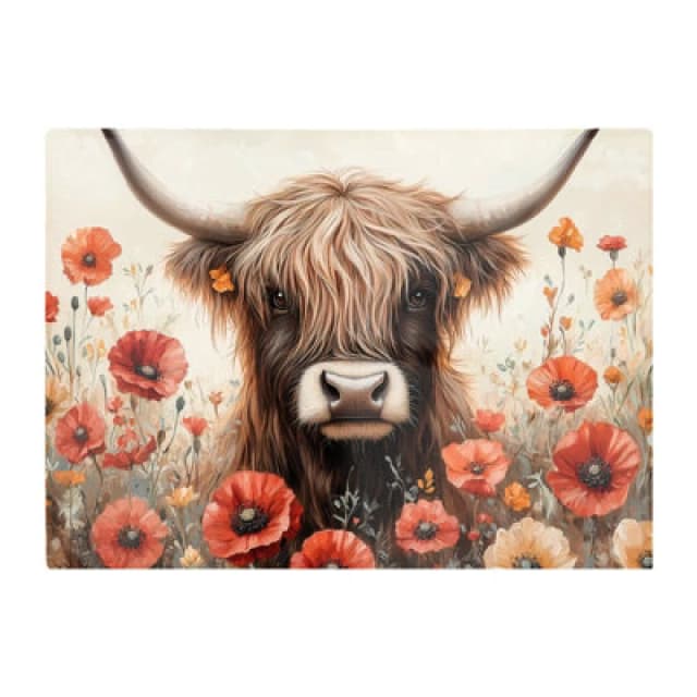 Warren Reed Designer Highland Cow And Summer Flowers Glass Chopping Board