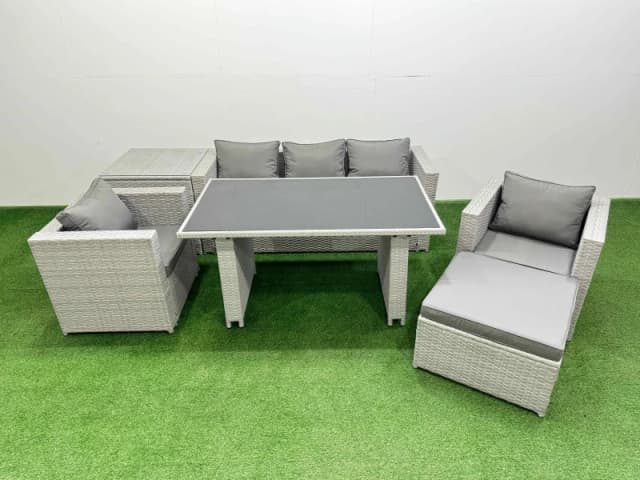 Fimous Patio Garden Furniture Sets with Dining Table Side Table Big Stool in Light Grey Light Grey Unisex