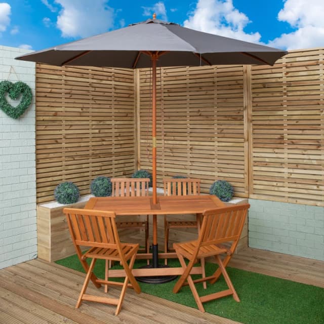 Outdoor 4 Person Folding Rectangular Wooden Garden Dining Table Chairs Grey Parasol and Base Set