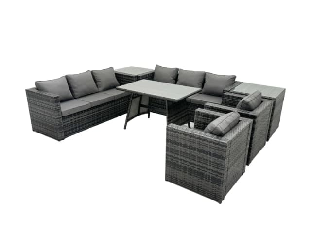 Fimous Rattan Dining Table Sofa Set with 2 Side Tables Outdoor 8 Seat in Dark Grey Dark Grey Unisex