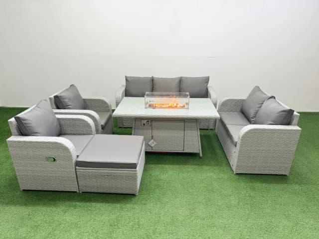 Fimous PE Rattan Garden Furniture Set Reclining Chair Sofa Double Love Seat 2 Seater Sofa Lounge Set Firepit Dining Table Big Footstool Light Grey Lig