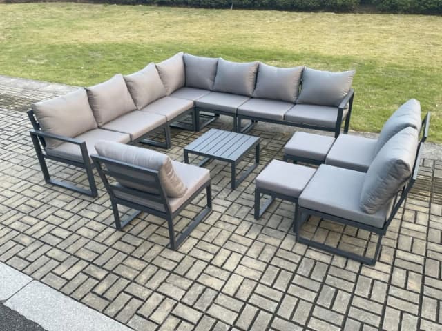 Fimous 12 Seater Outdoor Aluminium Garden Furniture Set Corner Lounge Sofa Set with Square Coffee Table 2 Small Footstools Dark Grey Dark Grey Unisex