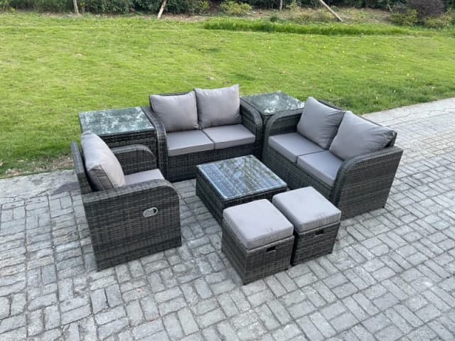 Fimous PE Rattan Garden Furniture Sets Outdoor Love Sofa Chair Set Square Coffee Table 2 Side Tables 2 Small Footstools Dark Grey