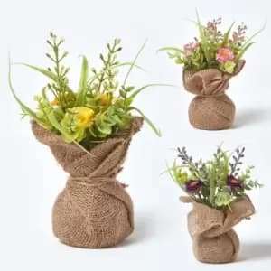 Set of 3 Pink, Purple & Yellow Artificial Daisies in Rustic Burlap Pots - Homescapes