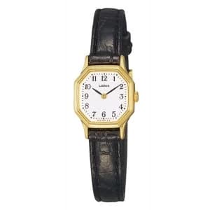 Lorus RPG40BX8 Ladies Black Leather Strap Dress Watch with Hexagonal Gold Case