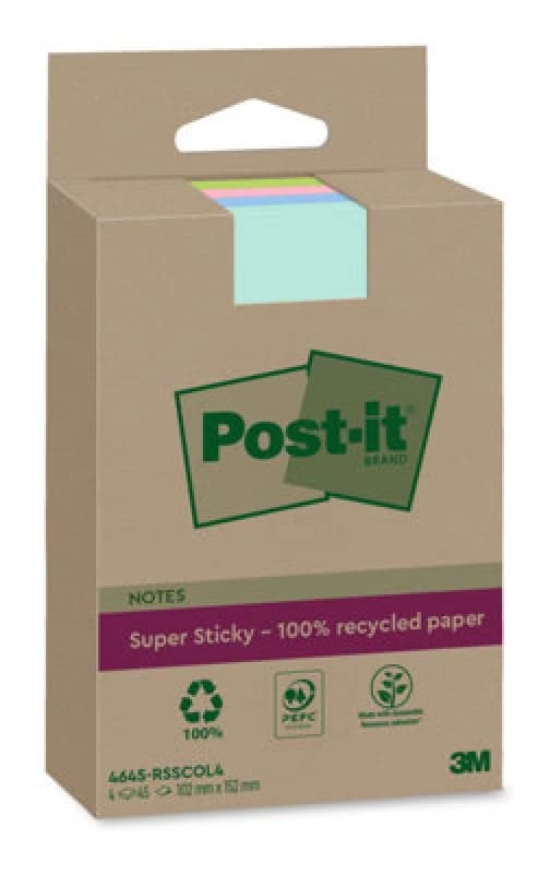 Post-it Super Sticky Recycled Notes 45 Sheets 102x152mm Lined Assorted (4 Pack) 4645-RSSCOL4