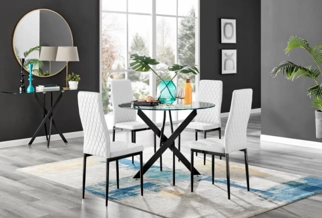 FurnitureboxUK FurnitureboxUK Novara 4 Seater Black Leg Round Glass Dining Table & 4 Milan Faux Leather Black Leg Chairs in White White One Size Unise