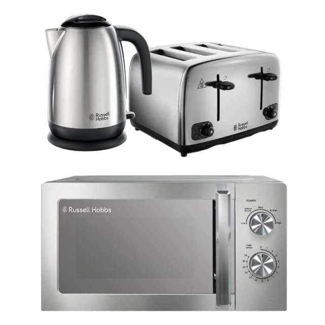 Russell Hobbs Solo Microwave, Jug Kettle & 4-Slice Toaster Bundle - Silver Polished, Silver/Grey 5056233840574