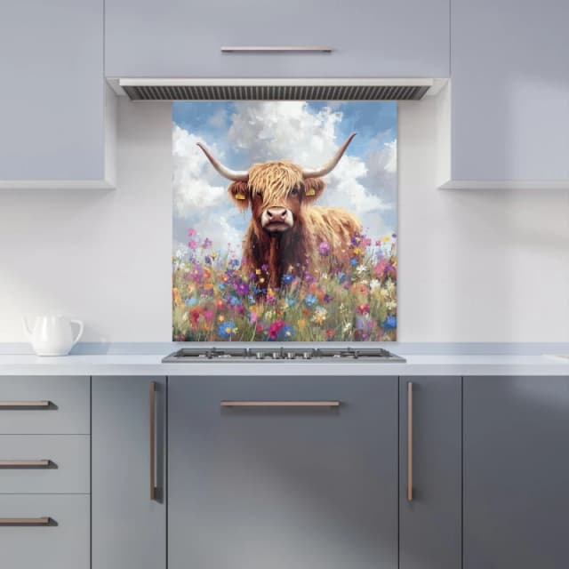 Warren Reed - Designer Highland Cow In A Summer Meadow Kitchen Splashback Size: 700mm x 750mm Multicolor Unisex 700mm x 750mm