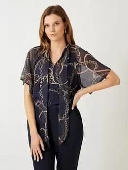 Wallis Chain Tie Neck Blouse - Navy, Blue, Size 16, Women