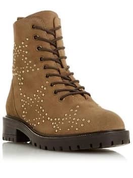 Dune London Prentice Nubuck Studded Star Embellished Lace Up Ankle Boots - Taupe, Size 3, Women