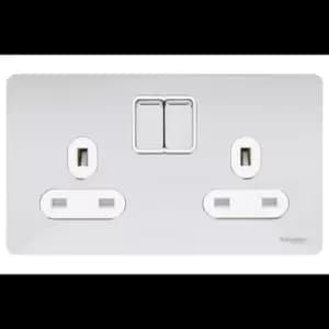 Schneider Electric Ultimate Screwless Flat Plate - Double Switched Power Socket, 13A, GU3420WPC, Polished Chrome with White Insert