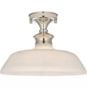 Semi Flush Ceiling Light Fitting - Bright Nickel Plate & Gloss Opal Glass Shade