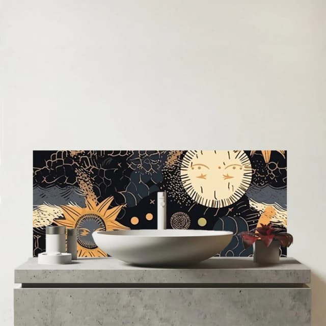 Warren Reed - Designer Gold Sun & Moon Glass Bathroom Splashback in Yellow Yellow Unisex