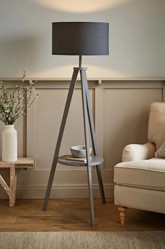 ValueLights Morrigan Grey Wood Tripod Floor Lamp With Fabric Drum Lamp Shade Grey
