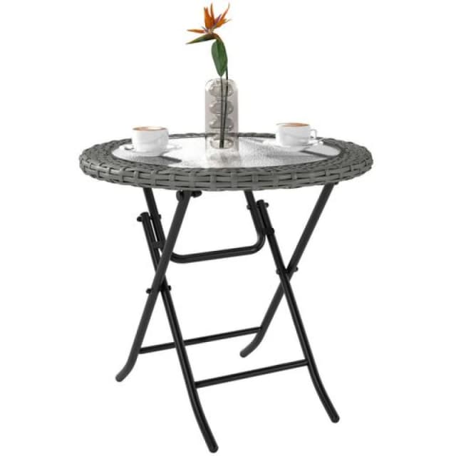 Outsunny Folding Round Rattan Table with Tempered Glass Top for Patio Garden Outdoor Grey