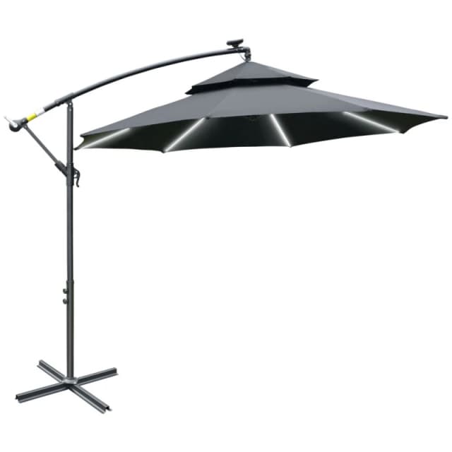 Outsunny 3m Cantilever Banana Parasol w/ Solar LEDs Black 84D-180BK
