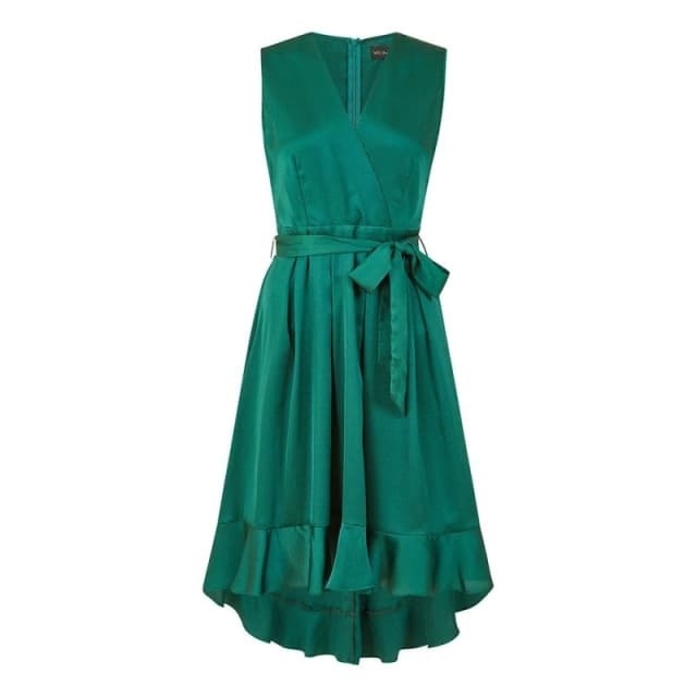 Mela Green Satin Dipped Hem Wrap Over Midi Dress Green female