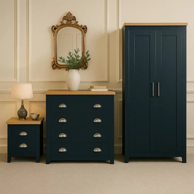 Birlea Wooden 4 Piece Furniture Set Wardrobe Chest of Drawers Bedsides Highgate in Navy Navy Unisex