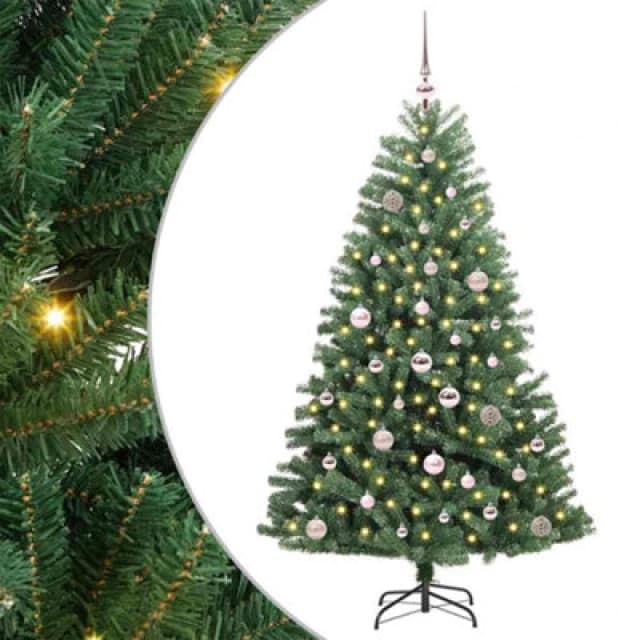 vidaXL Artificial Hinged Christmas Tree with Pink Balls Green 150cm PVC and Metal, Green 3395480