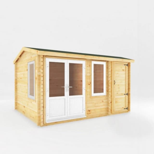 Mercia 4.1 X 3 M Home Office Elite Log Cabin With Side Shed, White Upvc Windows & Doors - 44mm Timber - L314.3 X W416 X H260 Cm - Brown