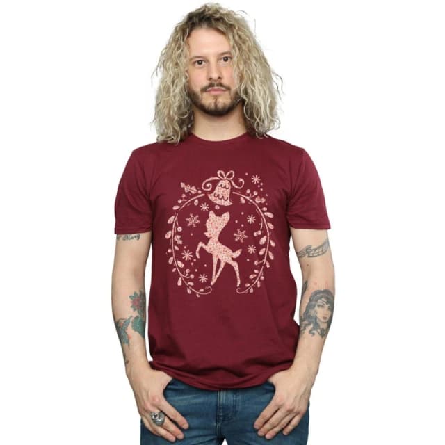 Disney Men Bambi Christmas Wreath T-Shirt in Burgundy Size: Small Burgundy S Male 5057245990851