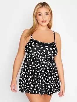 Yours Dash Print Mesh Detail Swimdress, Black, Size 16, Women