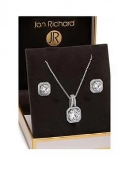 Jon Richard Jon Richard Silver Plated Crystal Square Halo Pendant and Earrings Set, One Colour, Women