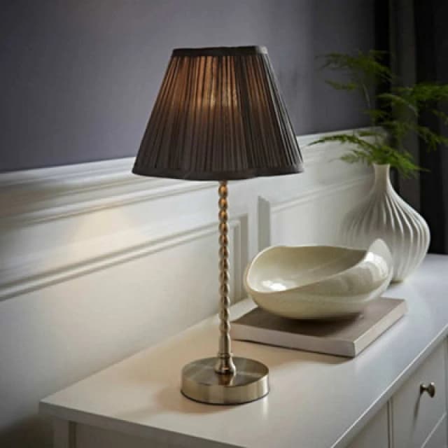 ValueLights ValueLights Maeve Dark Grey Pleated Faux Silk Scallop Shade Brushed Chrome Bobbin Table Lamp in Silver Silver One Size Unisex 505940606505