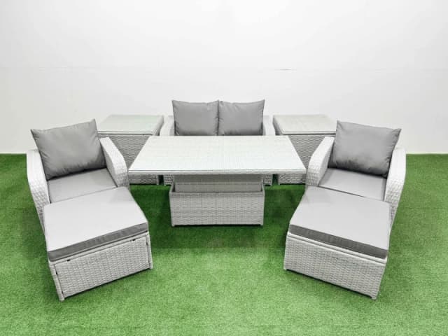 Fimous Light Grey PE Wicker Rattan Garden Furniture Set Sofa Set Reclining Chair Adjustable Lifting Dining or Coffee Table 6 Seater 2 Big Stools 2 Sid