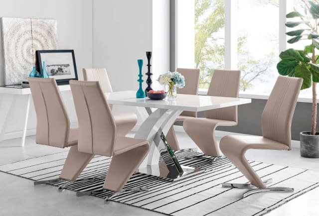 FurnitureboxUK FurnitureboxUK Atlanta Modern Rectangle Chrome Metal High Gloss White Dining Table And 6 Willow Chairs Set in Beige Beige One Size Unis