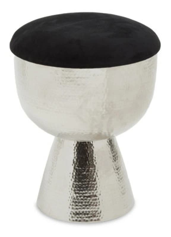 Premier Housewares Interiors By Premier Chrome & Black Stool With Velvet Seat, Hammered Details Makeup Stool, Contemporary Ottoman Footstool