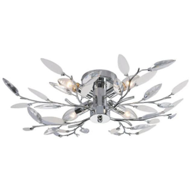 Happy Homewares Modern Birch Semi Flush Ceiling Light With Clear & White Leaves