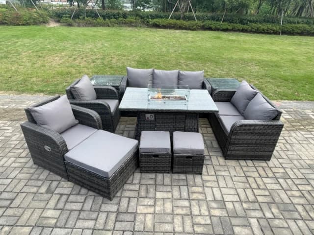 Fimous PE Wicker Outdoor Rattan Garden Furniture Set Propane Gas Fire Pit Table and Sofa Chair set with 3 Footstools 2 Side Tables Dark Grey