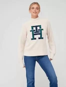Tommy Hilfiger Monogram Graphic Mock-Neck Sweater - Cream Size M Women
