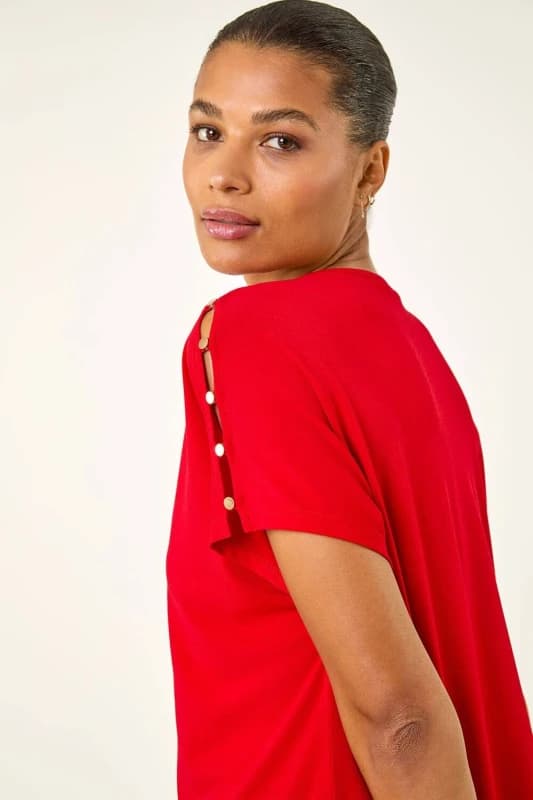 Roman Womens Cold Shoulder Button Top in Red Size: 10 Red Female 10