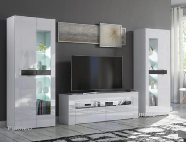 Furneo High Gloss & Matt White Living Room Set TV Stand Display Cabinets Milclif 13 White LED Lights