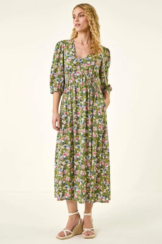 Roman Womens Floral Print V-Neck Midi Dress in Green Size: 10 Green Female 10