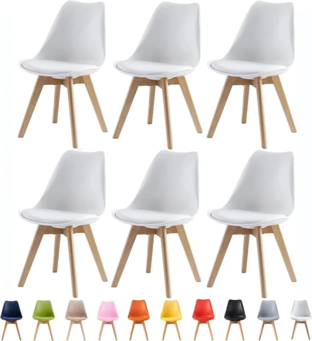 MCC Direct Set of 6 Dining Chairs with Solid Wooden Legs & Seat Cushion Pads in Grey - Eva by MCC in White White Unisex