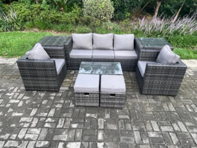 Fimous Outdoor Rattan Garden Furniture Set with 3 Seater Sofa Coffee Table 2 Side Tables 2 Armchairs 2 Small Footstool Dark Grey